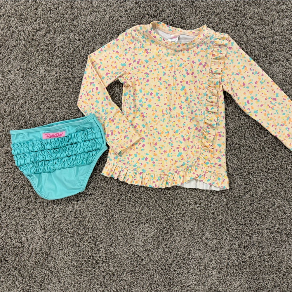 Ruffled Two-Piece Girls' Swim Set - Yellow Floral Rash Guard & Aqua Bottoms